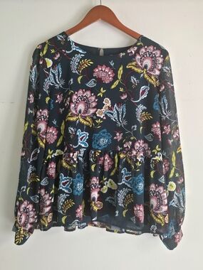 LOFT Black Floral Peplum Blouse with Pink, Blue & Yellow Accents